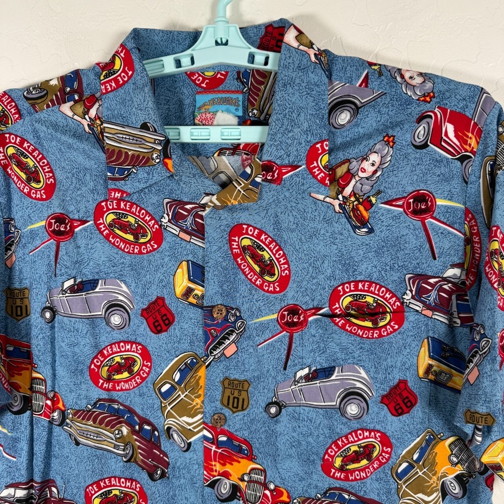 Vintage Joe Kealoha's Shirt Mens XL Blue Hawaiian Camp Rayon Hot Rod Cars